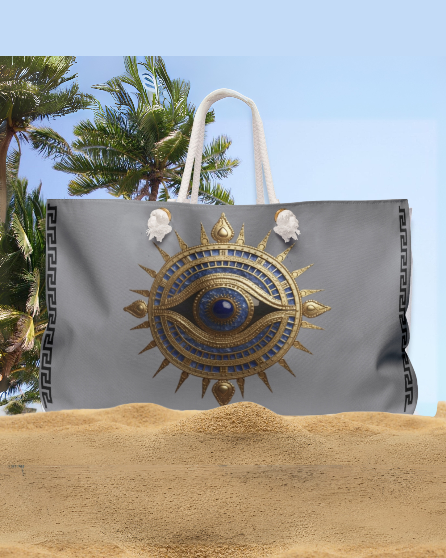 Evil Eye Weekender Bag – Gold & Blue Mystic Travel Tote, Beach Bag
