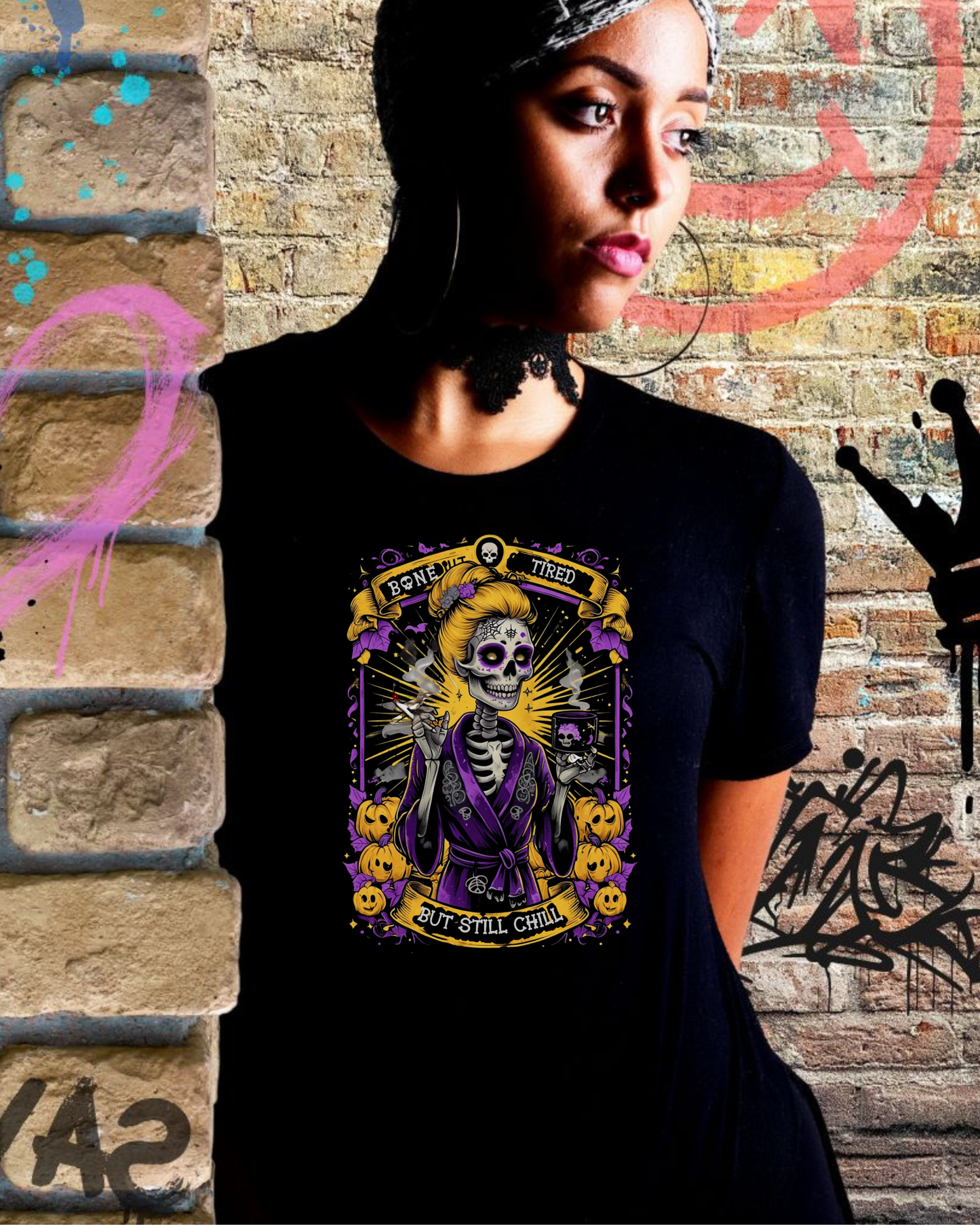 Bone-Tired But Still Chill Skeleton Coffee Shirt • Spooky Season Halloween Tee • Cozy Goth Witchy Pumpkin Vintage Graphic