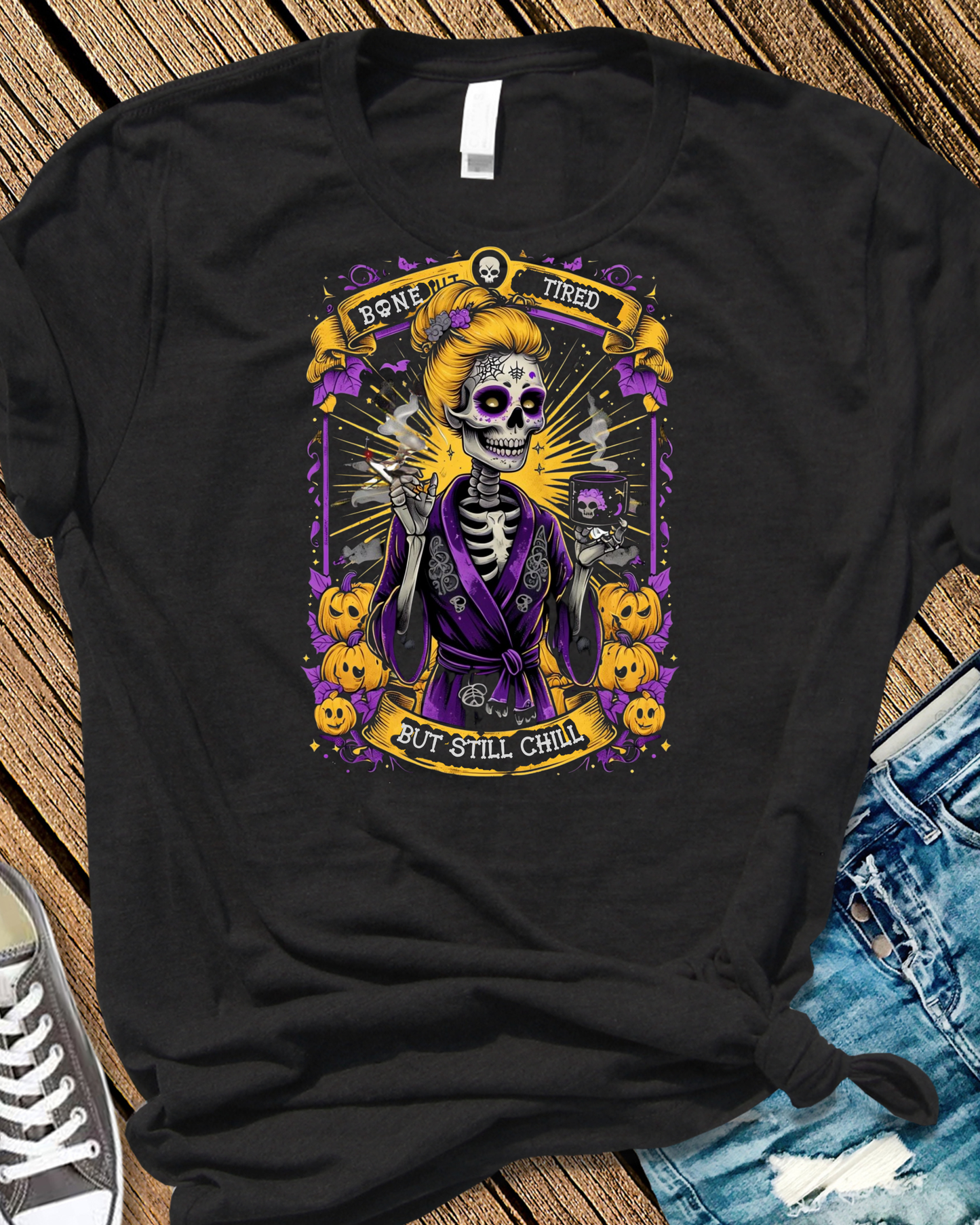 Bone-Tired But Still Chill Skeleton Coffee Shirt • Spooky Season Halloween Tee • Cozy Goth Witchy Pumpkin Vintage Graphic