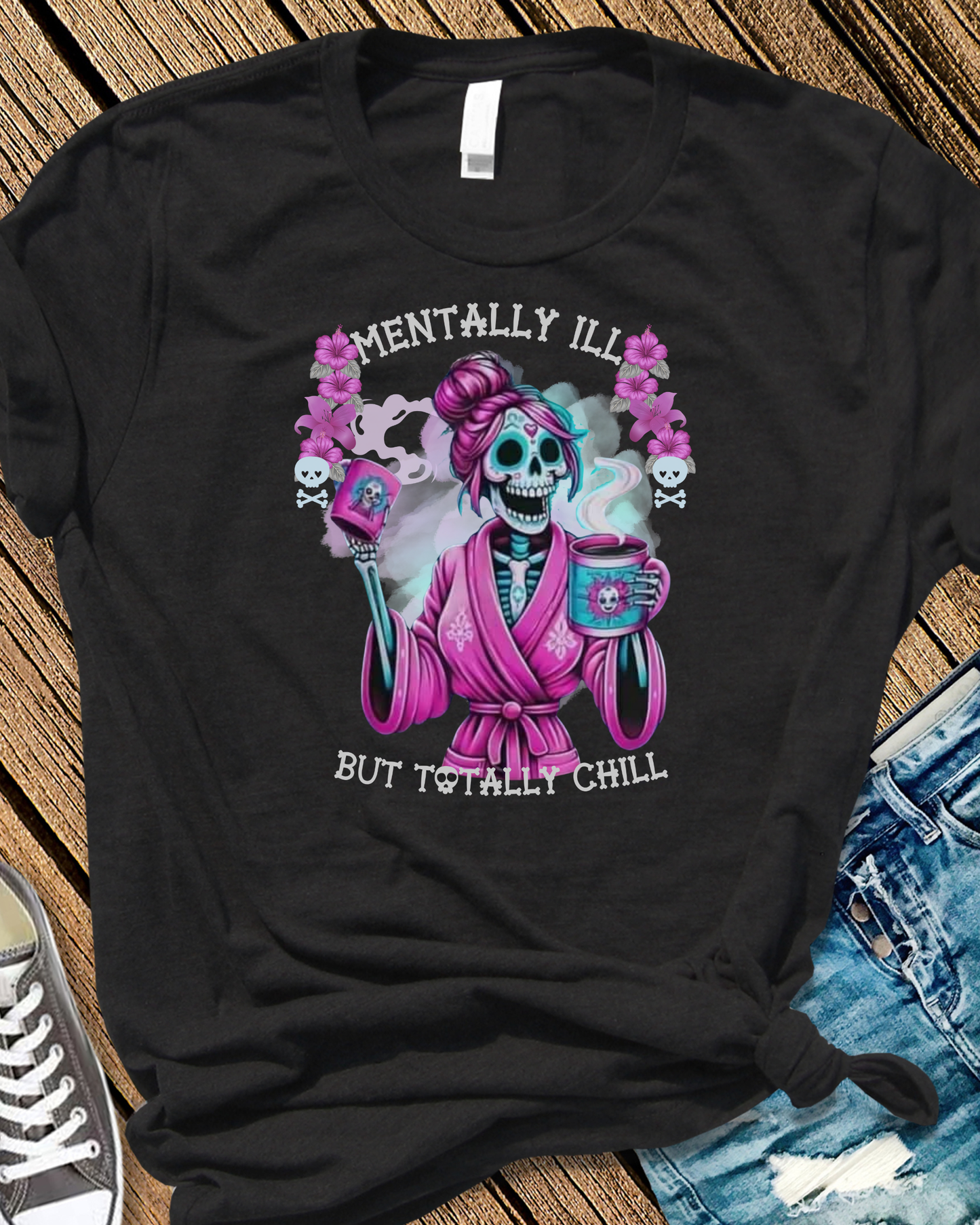Mentally Ill But Totally Chill Skeleton Coffee Shirt • Pastel Goth Halloween Tee • Cozy Witch  • Retro Spooky Graphic * FREE SHIPPING*