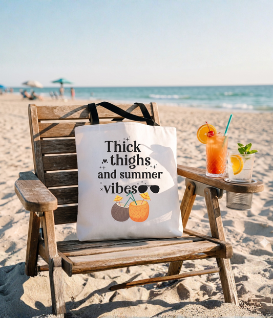 Thick Thighs and Summer Vibes Beach Tote, Summer Fun Beach Bag, 3 Sizes