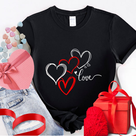 Valentine Women's Tee with Hearts and Love Graphic