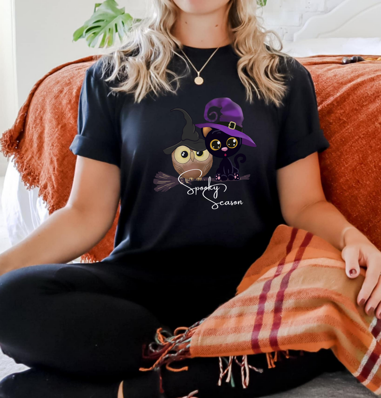 Whimsical Halloween T-Shirt, Cat and Owl Design, Cute Unisex Tee, Perfect for Halloween Parties, Trick or Treating, Gift Idea