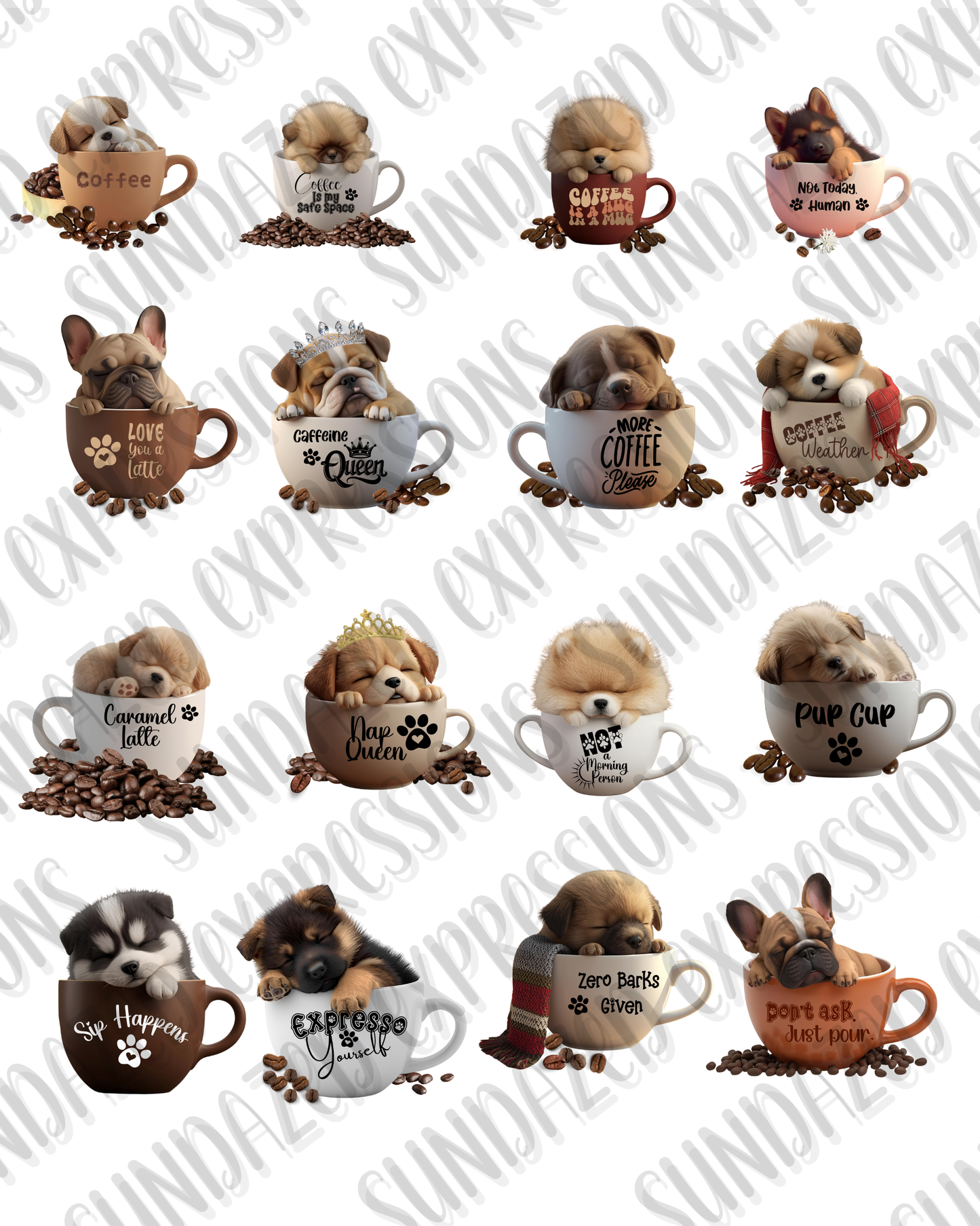 Coffee Pup Clipart Bundle – 17 PNGs, 2000×2500, Transparent – Puppy in Mug, Cute Coffee Stickers, Sublimation, Scrapbook, POD