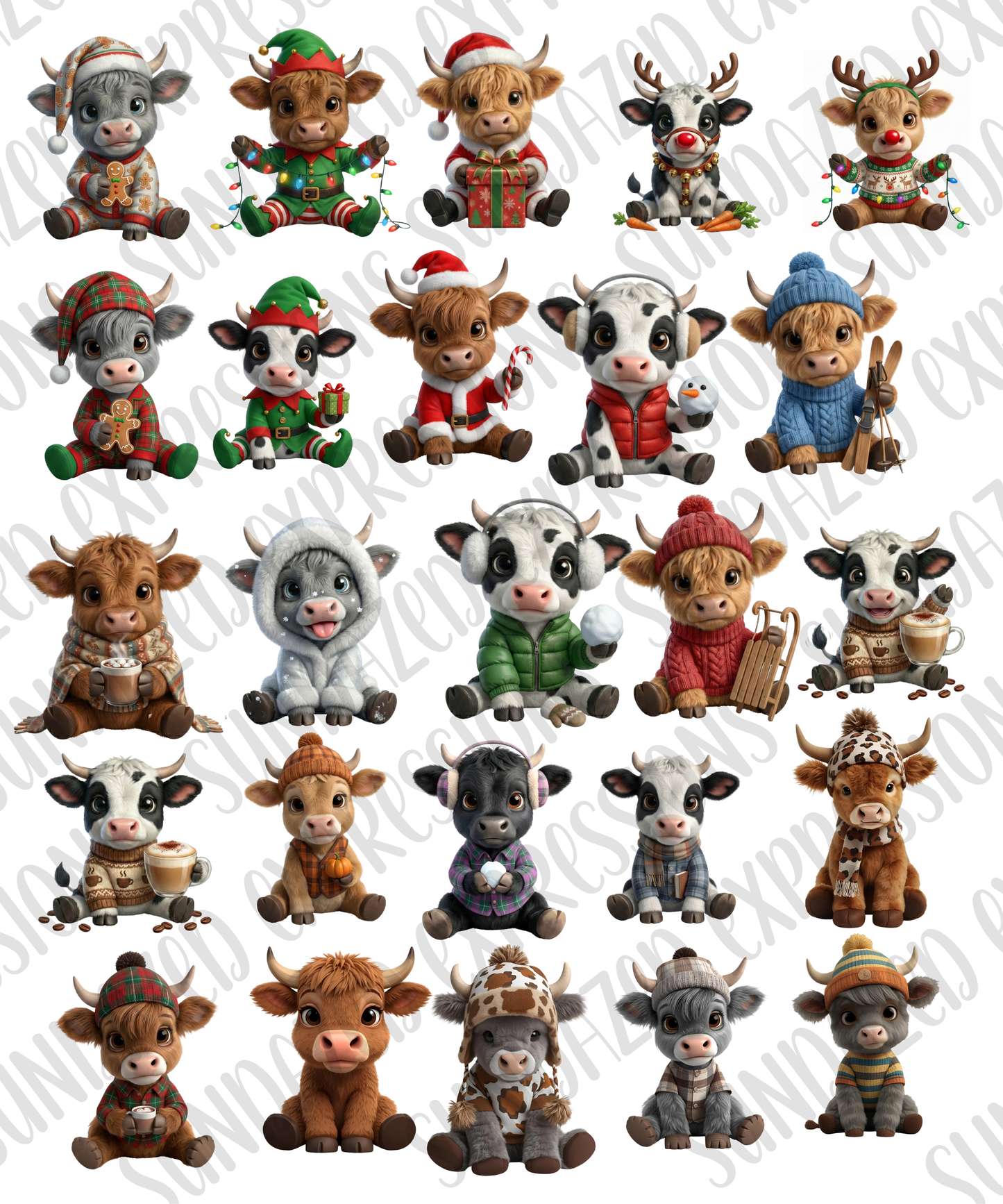 Christmas Cow Clipart Bundle | Cute Holiday Highland Cow PNGs | Festive Farm Animal Sublimation | Winter Cow Art | Transparent PNG Download