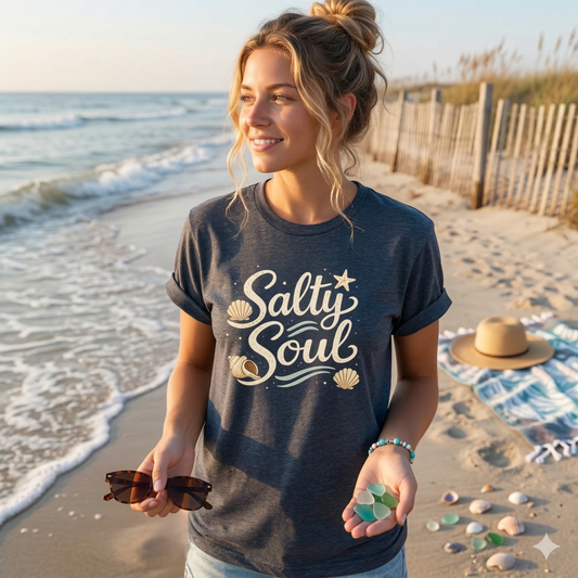 Salty Soul Beach T-Shirt – Coastal Graphic Tee with Seashells – Ocean Lover Shirt – Beach Life Shirt – Summer Vacation Tee
