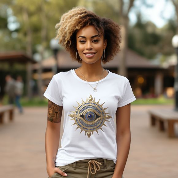 Evil Eye Women's Short Sleeve T-Shirt,  Gold Eye Shirt, Gift for Her, Greek key,  Evil Eye Fashion