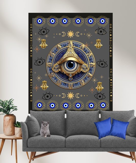 🔮 Ward Off Negativity in Style: Introducing Our Mesmerizing Evil Eye Indoor WallTapestry! 🔵✨