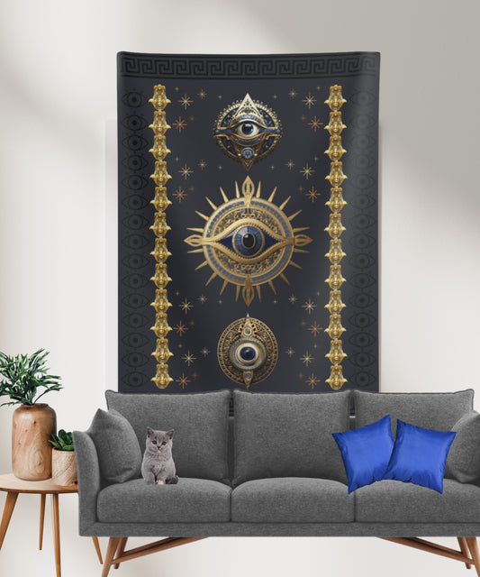 "Greek Eye Tapestry - Handcrafted Evil Eye Wall Hanging - Greek Key Design"  Indoor Wall Tapestries