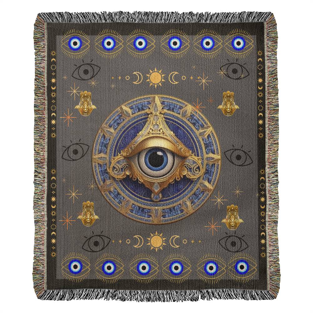Experience the melding of comfort and mystique with our Evil Eye Woven Blanket. It's not just a blanket; it's a statement piece that invites positivity and style into your living space. Wrap yourself in the soothing energy of ancient symbolism!