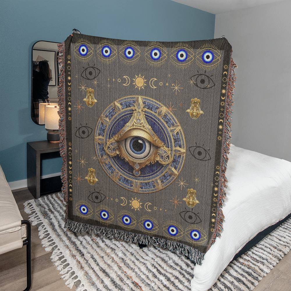 Experience the melding of comfort and mystique with our Evil Eye Woven Blanket. It's not just a blanket; it's a statement piece that invites positivity and style into your living space. Wrap yourself in the soothing energy of ancient symbolism!