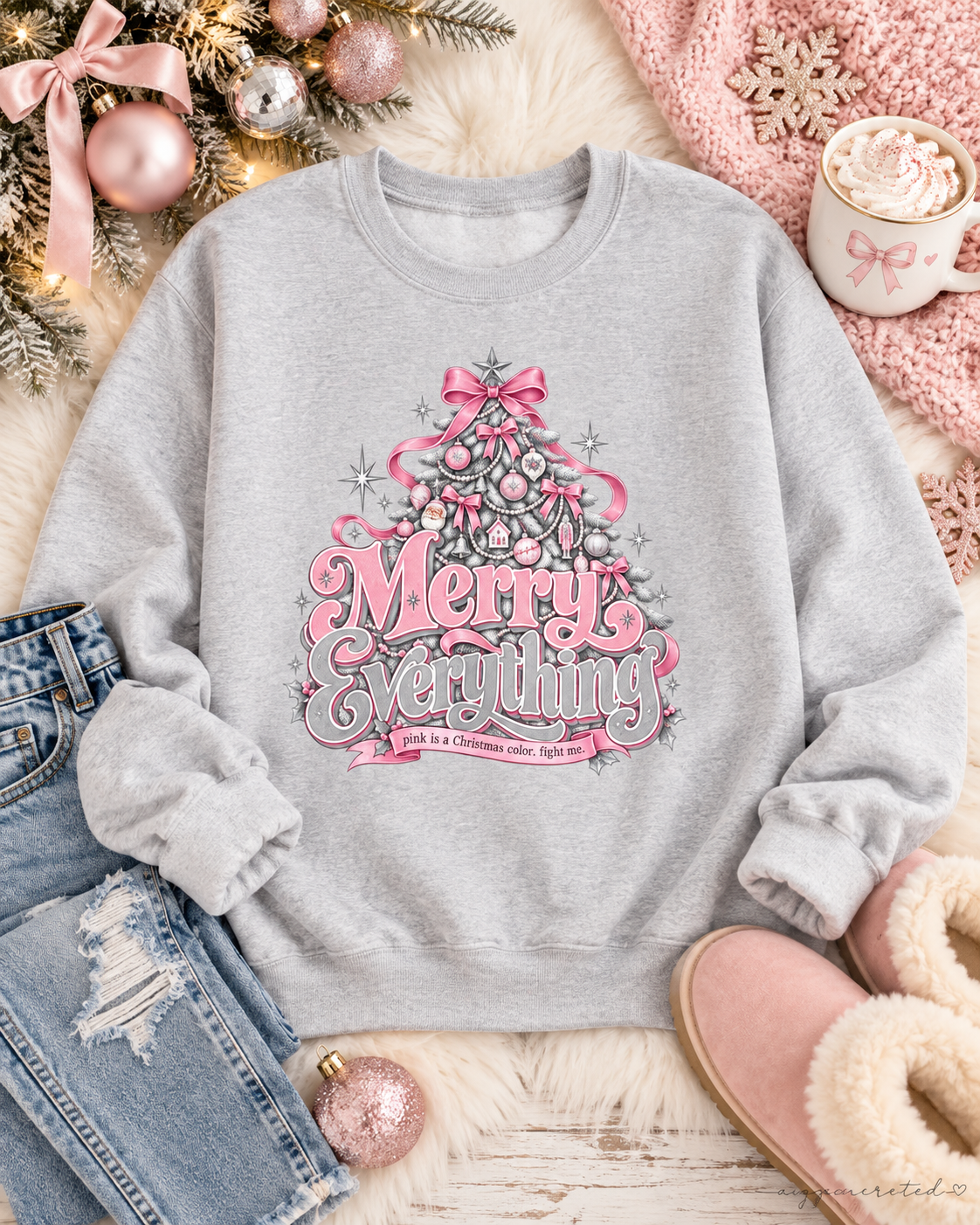 AI-generated flat lay mockup of Merry Everything pink Christmas tree sweatshirt in ash