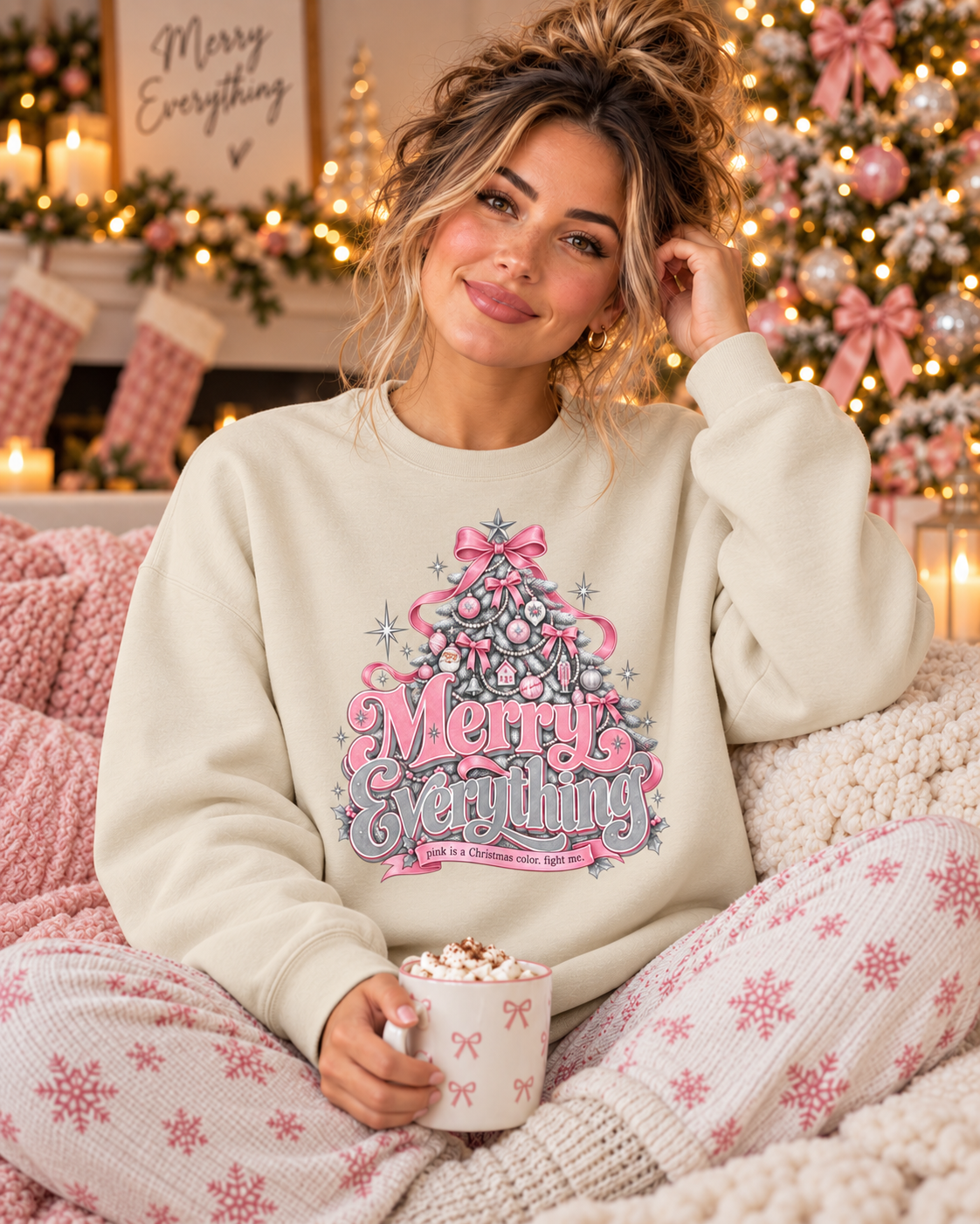 AI-generated lifestyle mockup of Merry Everything pink Christmas tree sweatshirt in sand