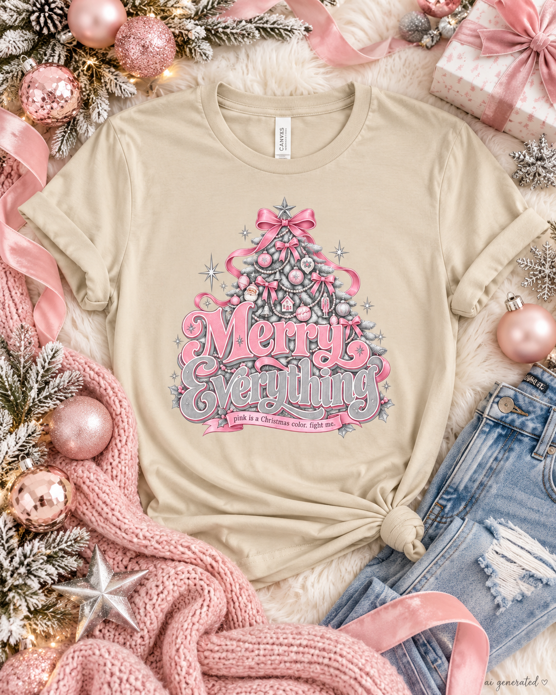 AI-generated flat lay mockup of Merry Everything pink Christmas tree T-shirt in sand