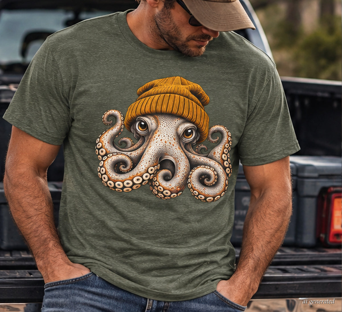 Octopus Beanie Graphic T-Shirt | Funny Coastal Ocean Tee