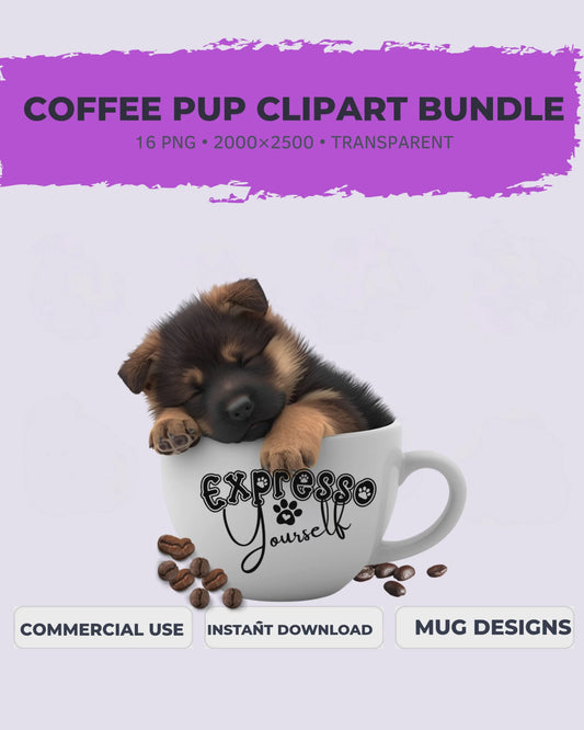 Coffee Pup Clipart Bundle – 17 PNGs, 2000×2500, Transparent – Puppy in Mug, Cute Coffee Stickers, Sublimation, Scrapbook, POD
