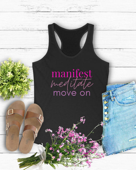 Manifest Meditate Move On Racerback Tank, Motivational Workout Top, Yoga Shirt, Gift for Her, Summer Activewear