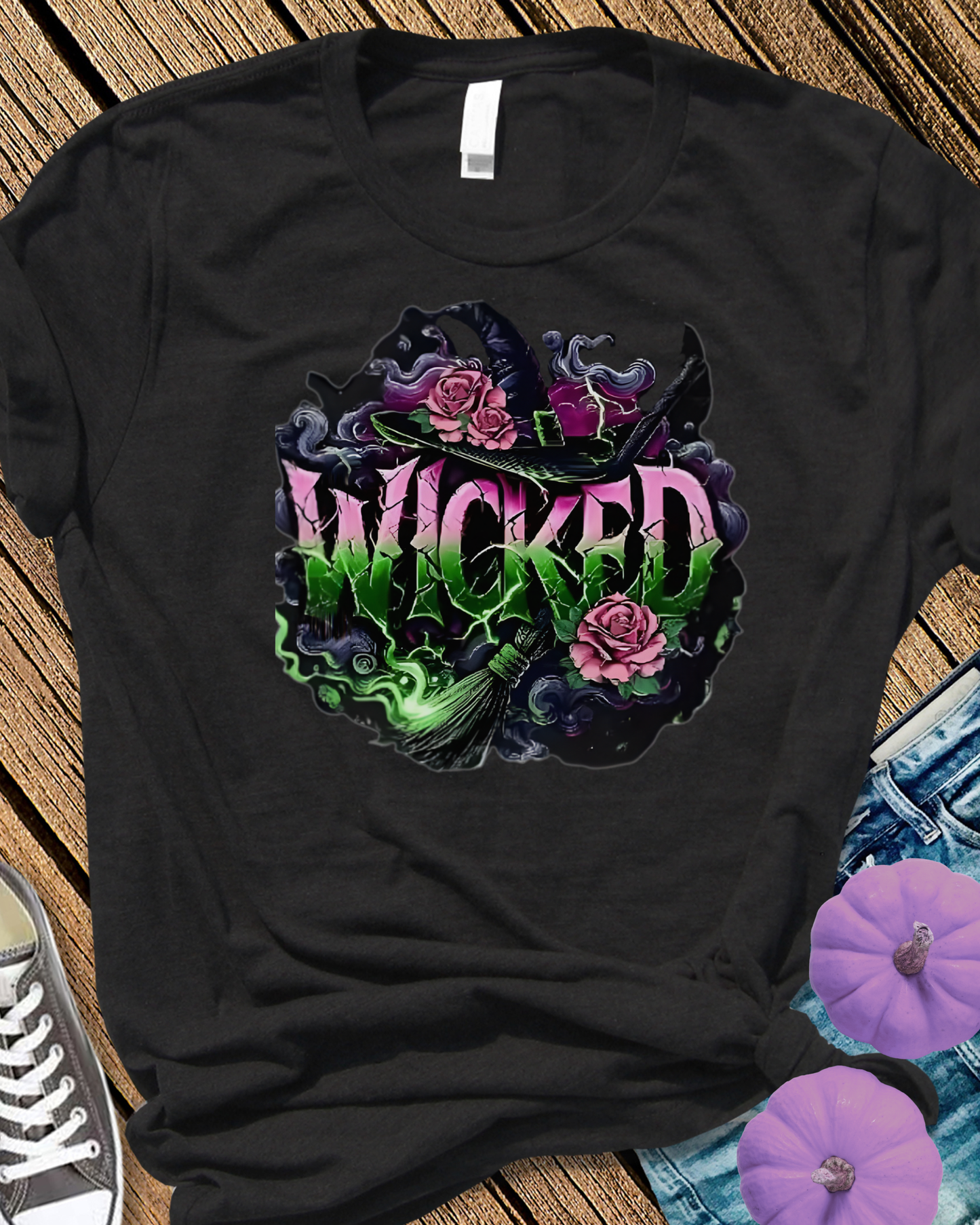 Wicked Witch Shirt for Women – Gothic Witchy Tee with Roses & Broomstick | Halloween Aesthetic T-Shirt