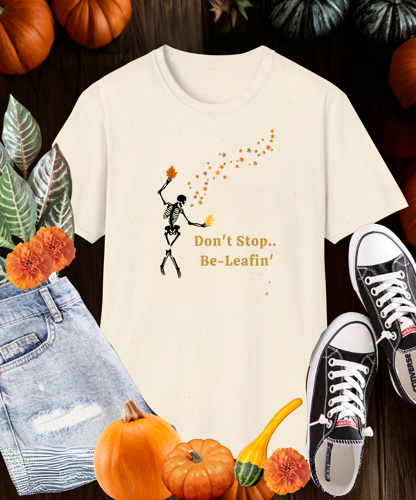 Whimsical Skeleton T-Shirt - Don't Stop Be Leafin', Halloween Tee, Fall Shirt, Autumn Fashion, Unique Gift for Friends