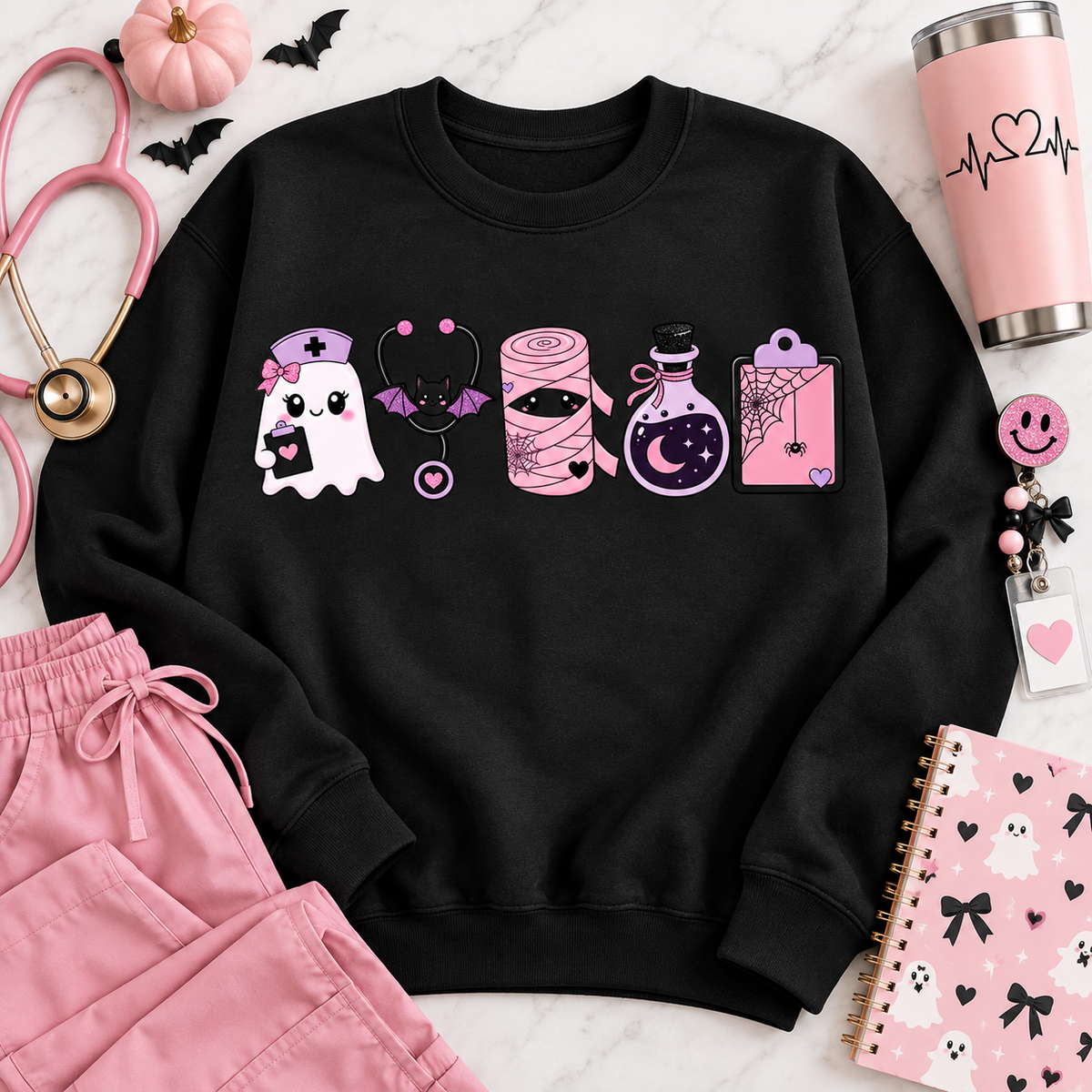 Black nurse Halloween sweatshirt styled flat lay