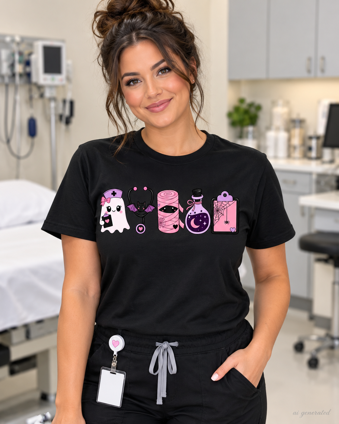 Black nurse Halloween graphic T-shirt on model