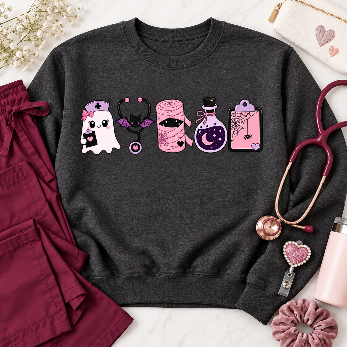 Dark Heather Halloween nurse sweatshirt styled flat lay