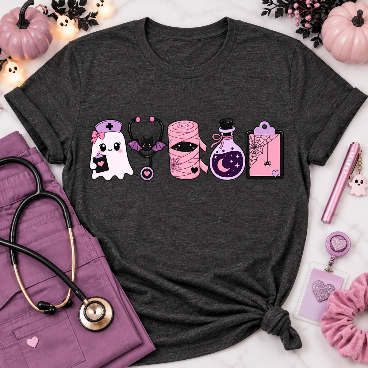Dark Heather Halloween nurse tee styled flat lay