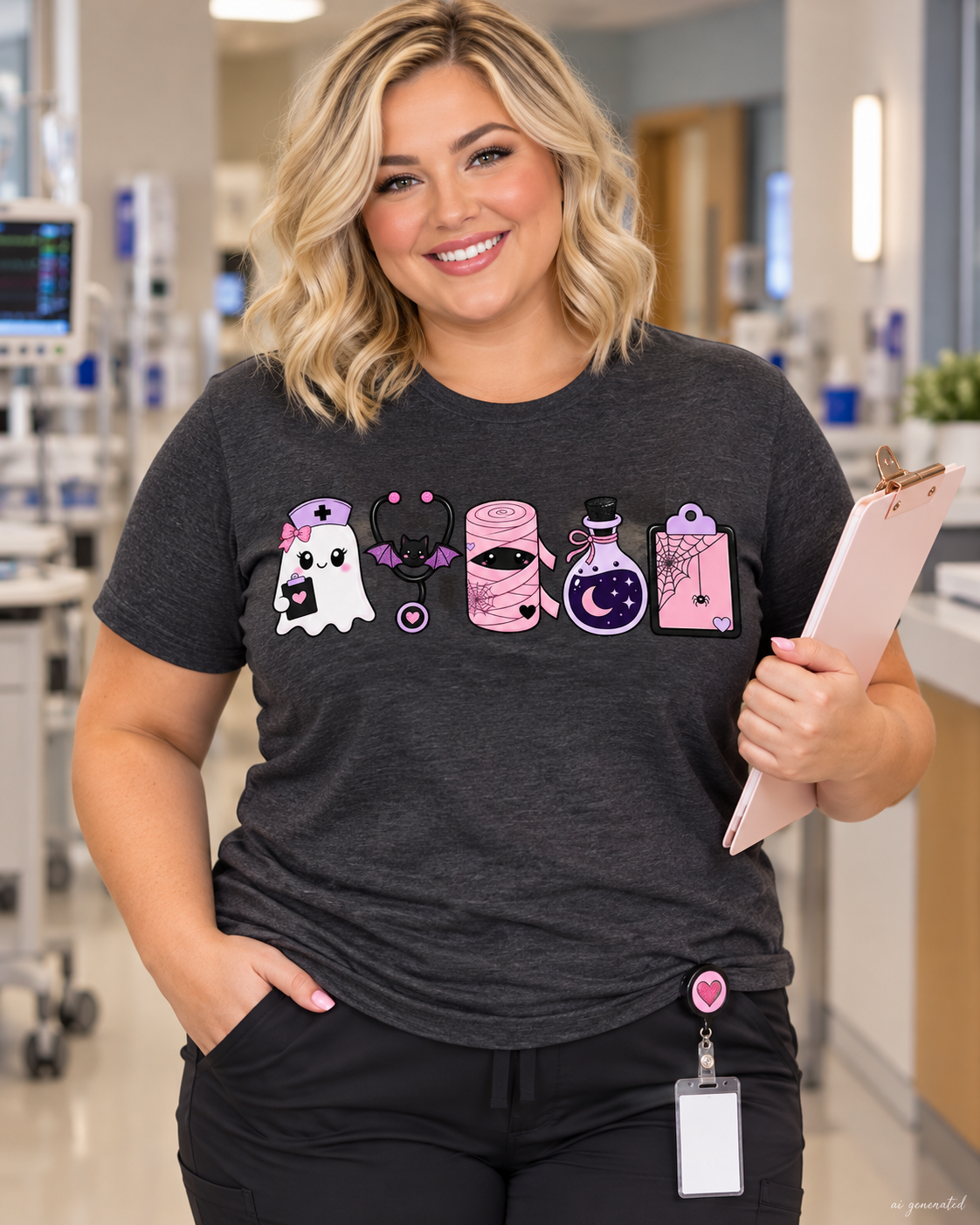 Dark Heather nurse Halloween graphic T-shirt on model