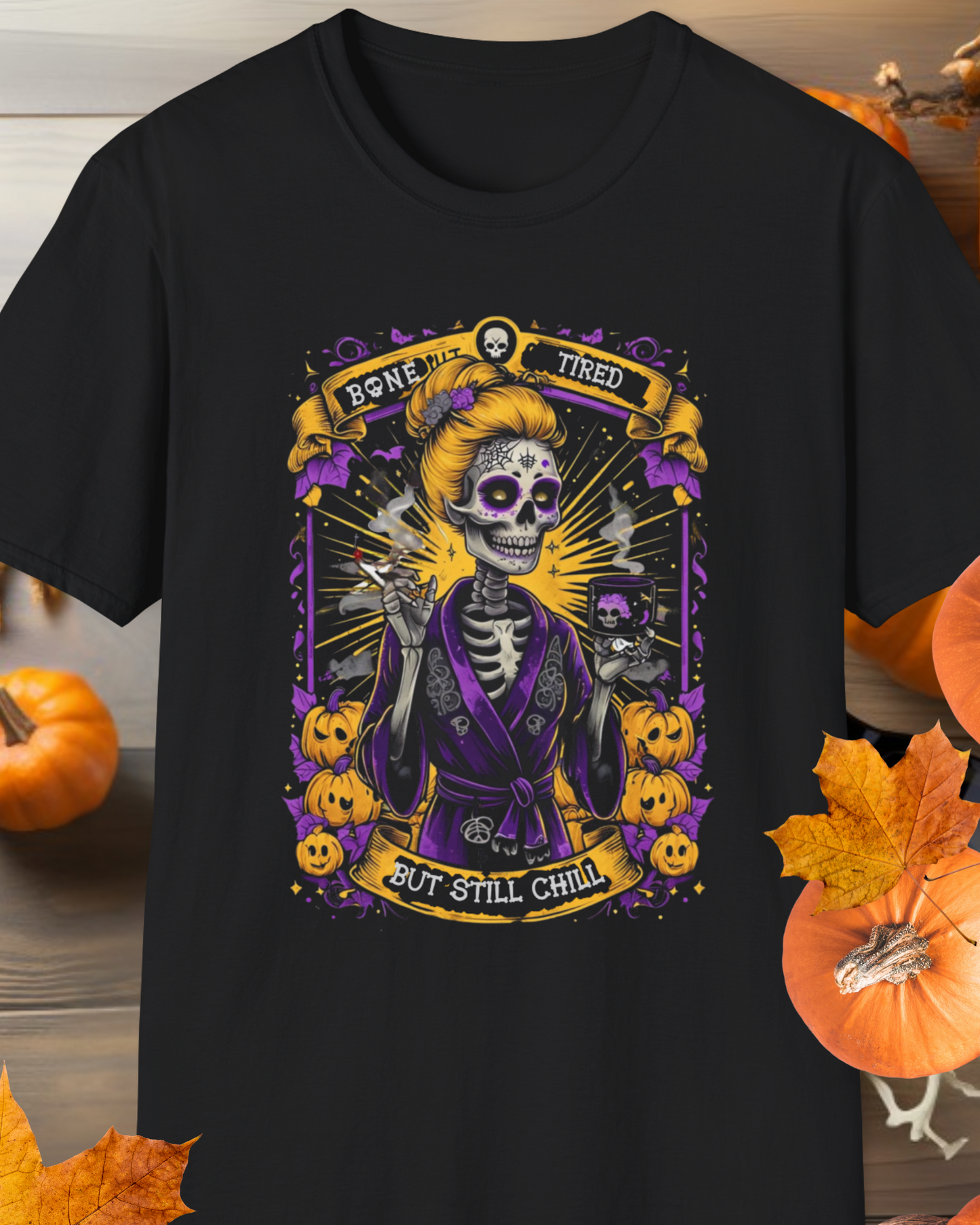Bone-Tired But Still Chill Skeleton Coffee Shirt • Spooky Season Halloween Tee • Cozy Goth Witchy Pumpkin Vintage Graphic