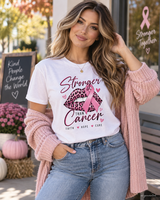 AI generated lifestyle mockup of Stronger Than Cancer breast cancer awareness shirt