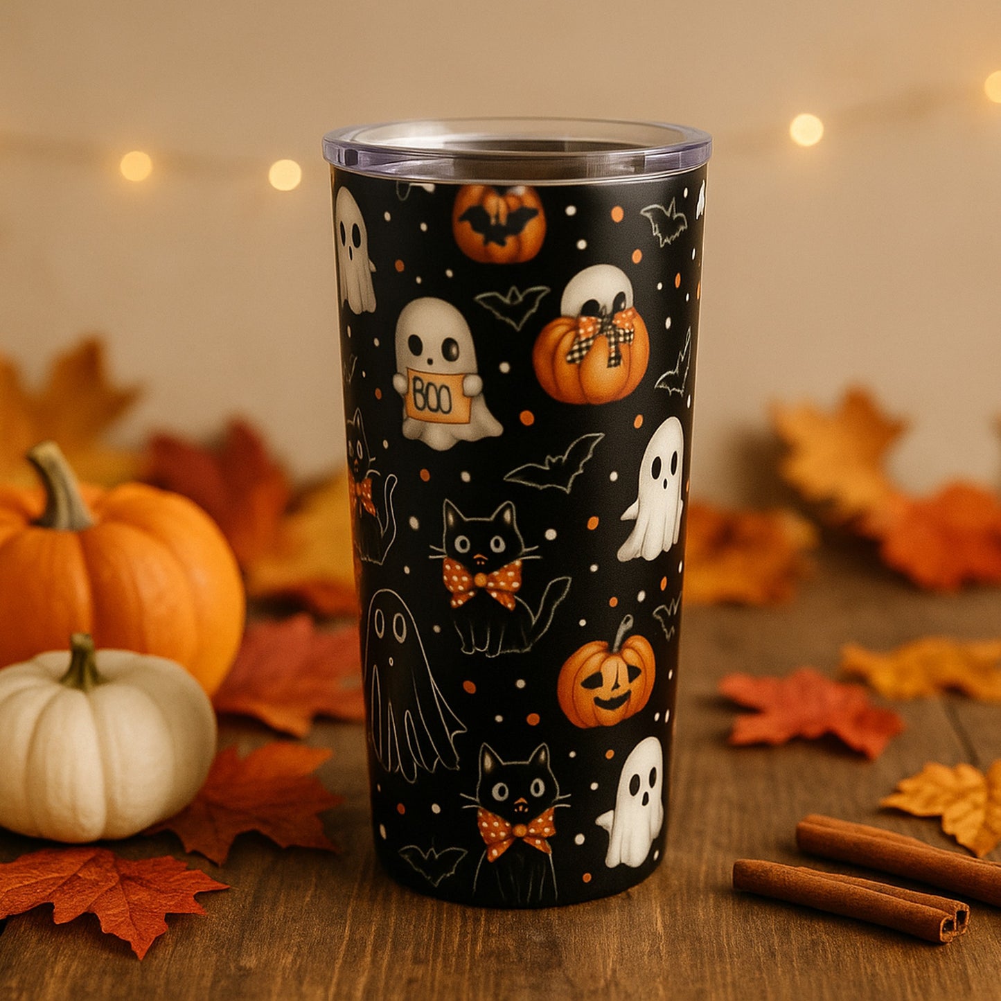 Halloween Tumbler 20oz - Spooky Drinkware, Gift for Ghost Lovers, Fall Decor, Trick-or-Treat Accessory, Cute Cat and Ghost Design