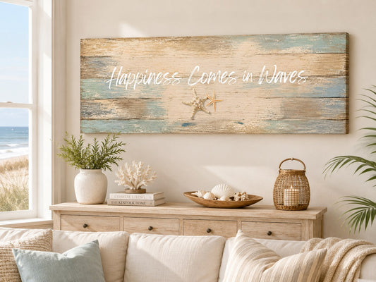 Happiness Comes in Waves canvas above a sofa, AI-generated mockup