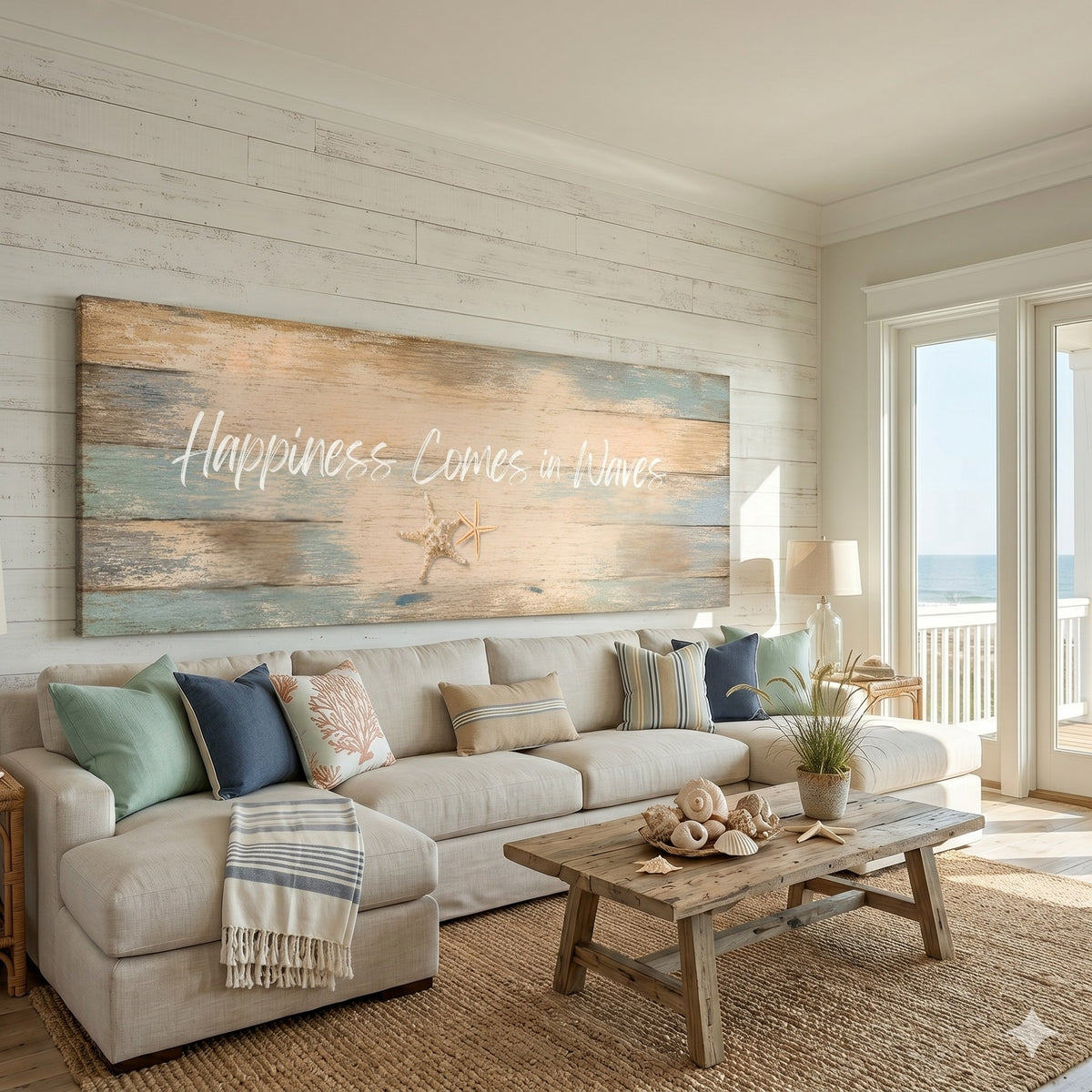 Happiness Comes in Waves canvas in a beach house living room, AI-generated mockup