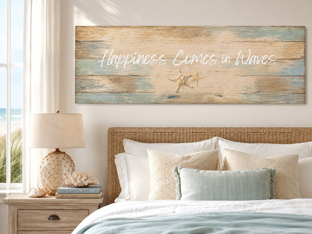 Happiness Comes in Waves canvas above a bed, AI-generated mockup