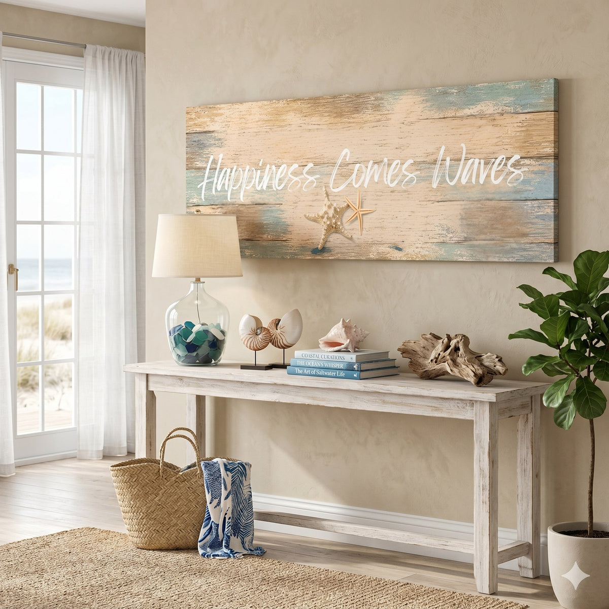 Happiness Comes in Waves canvas above a console table, AI-generated mockup