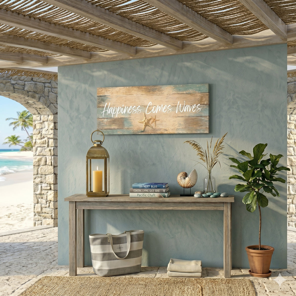 Happiness Comes in Waves canvas on a beach patio, AI-generated mockup