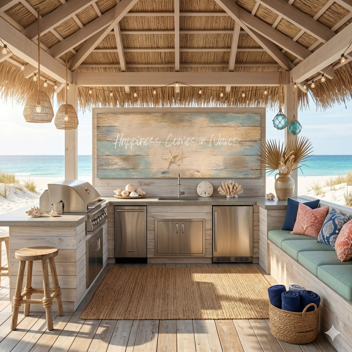 Happiness Comes in Waves canvas in an outdoor beach kitchen, AI-generated mockup