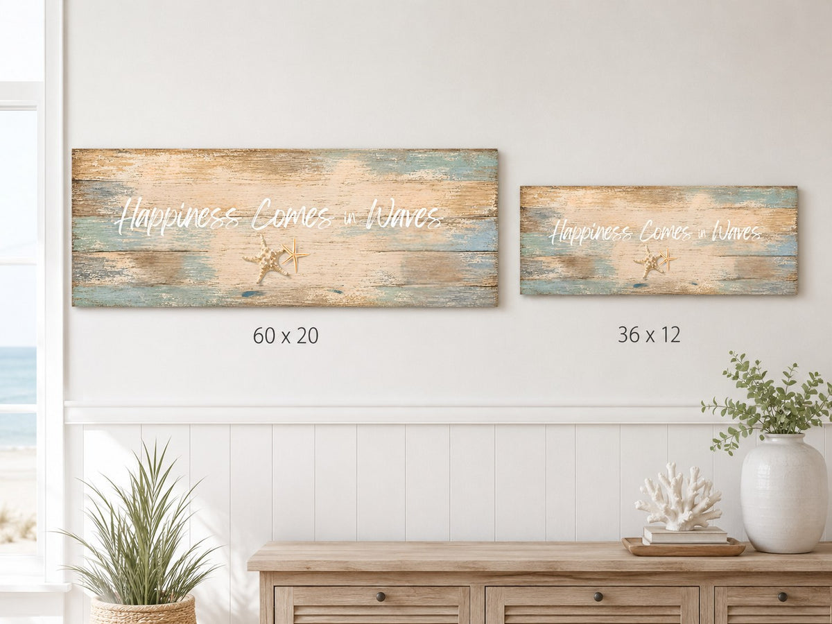 Happiness Comes in Waves canvas size comparison, 60x20 and 36x12, AI-generated mockup