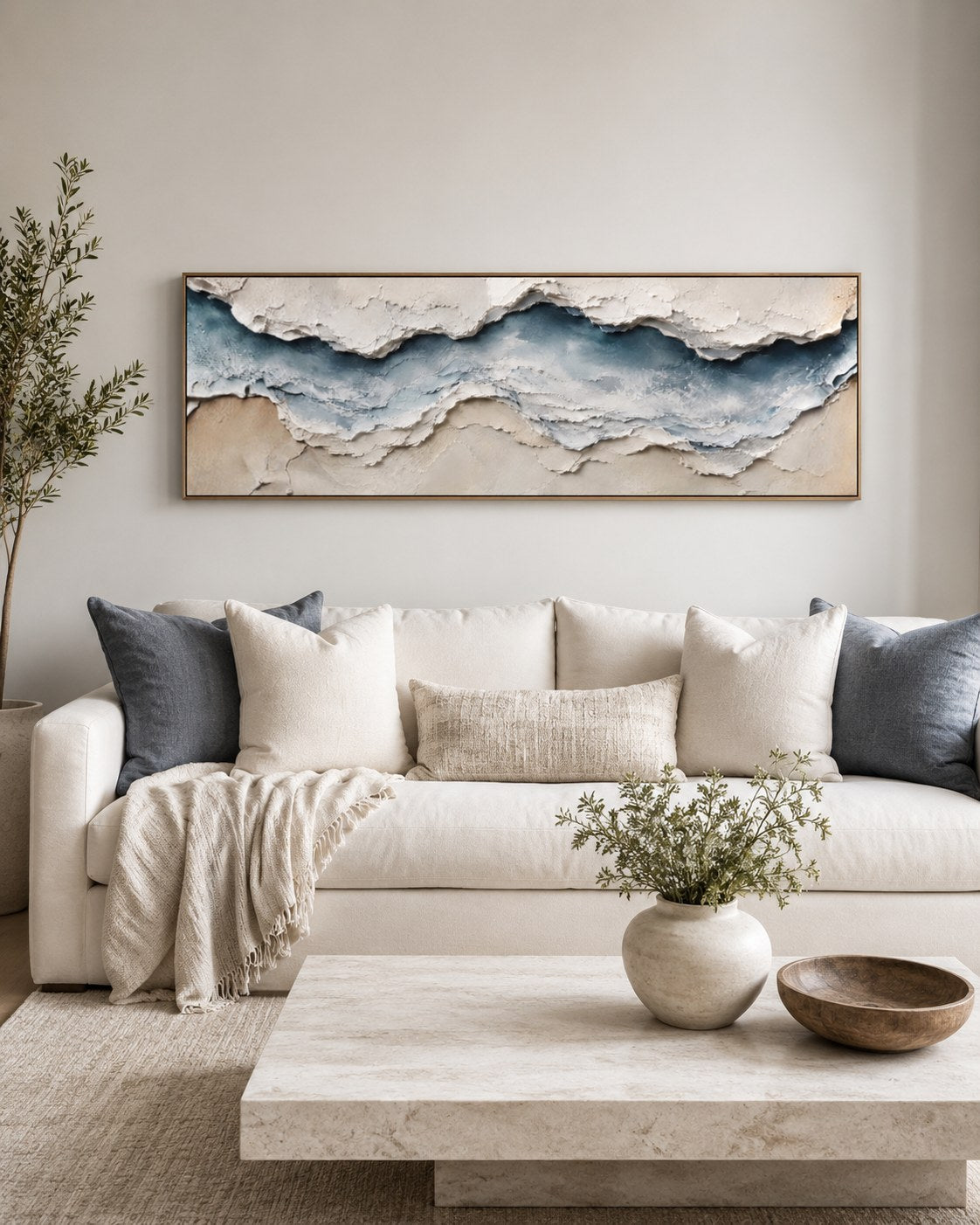 Ocean wave panoramic canvas above a sofa, AI-generated mockup