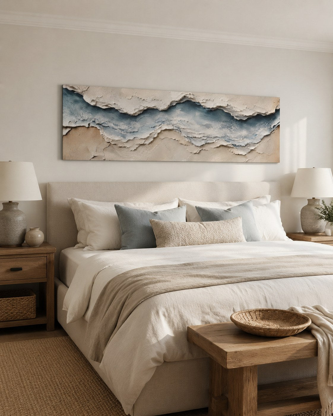 Ocean wave panoramic canvas above a bed, AI-generated mockup