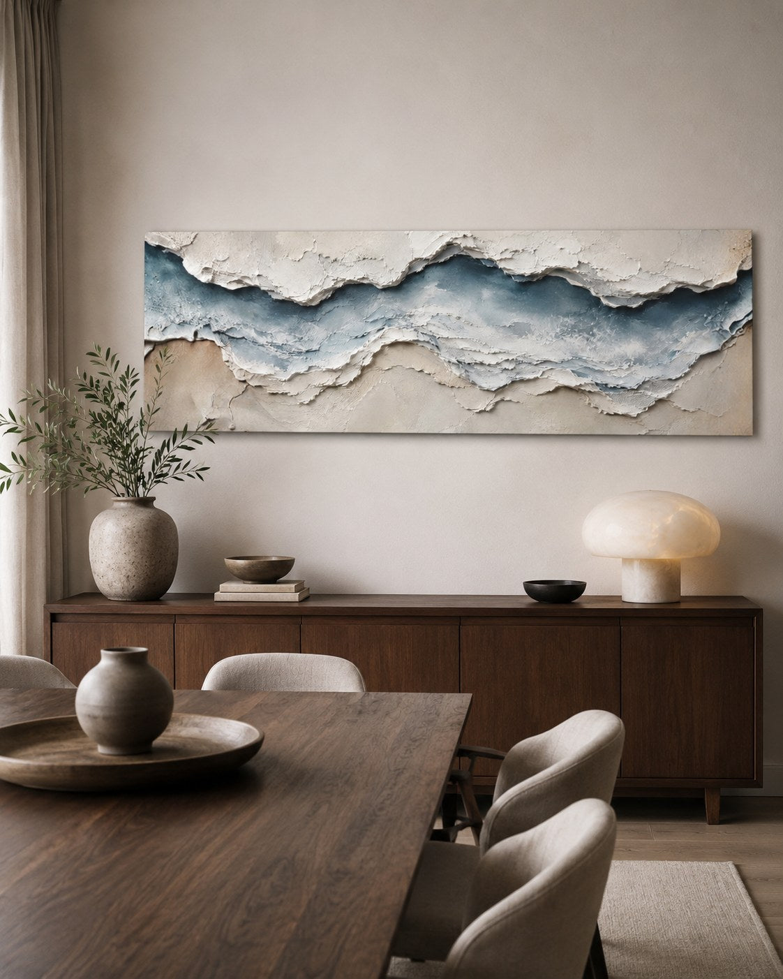 Ocean wave canvas above a dining console, AI-generated mockup