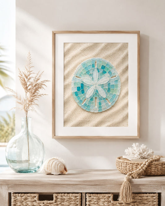 Sea glass sand dollar framed poster on a coastal wall, AI-generated mockup