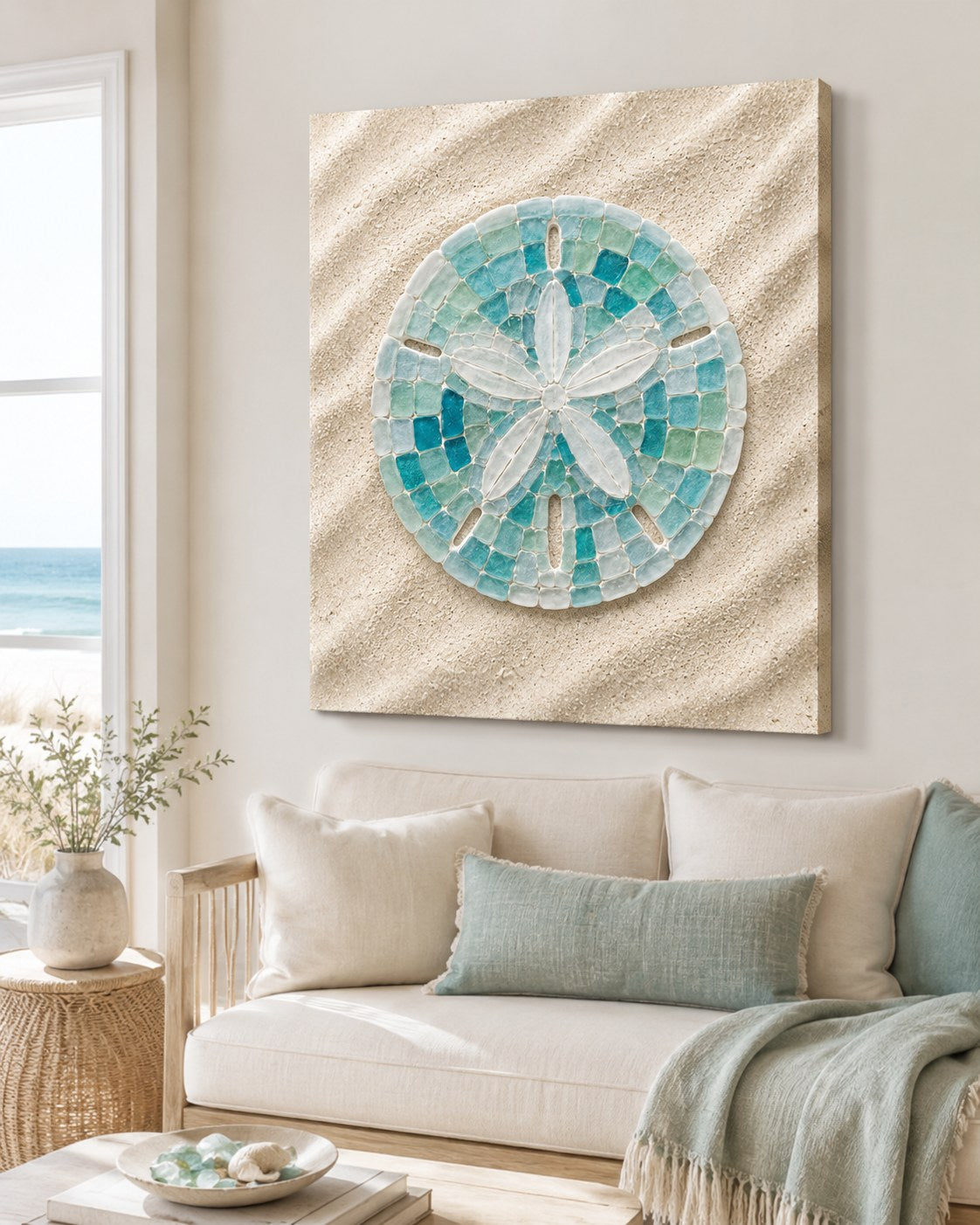 Sea glass sand dollar canvas in a coastal living room, AI-generated mockup