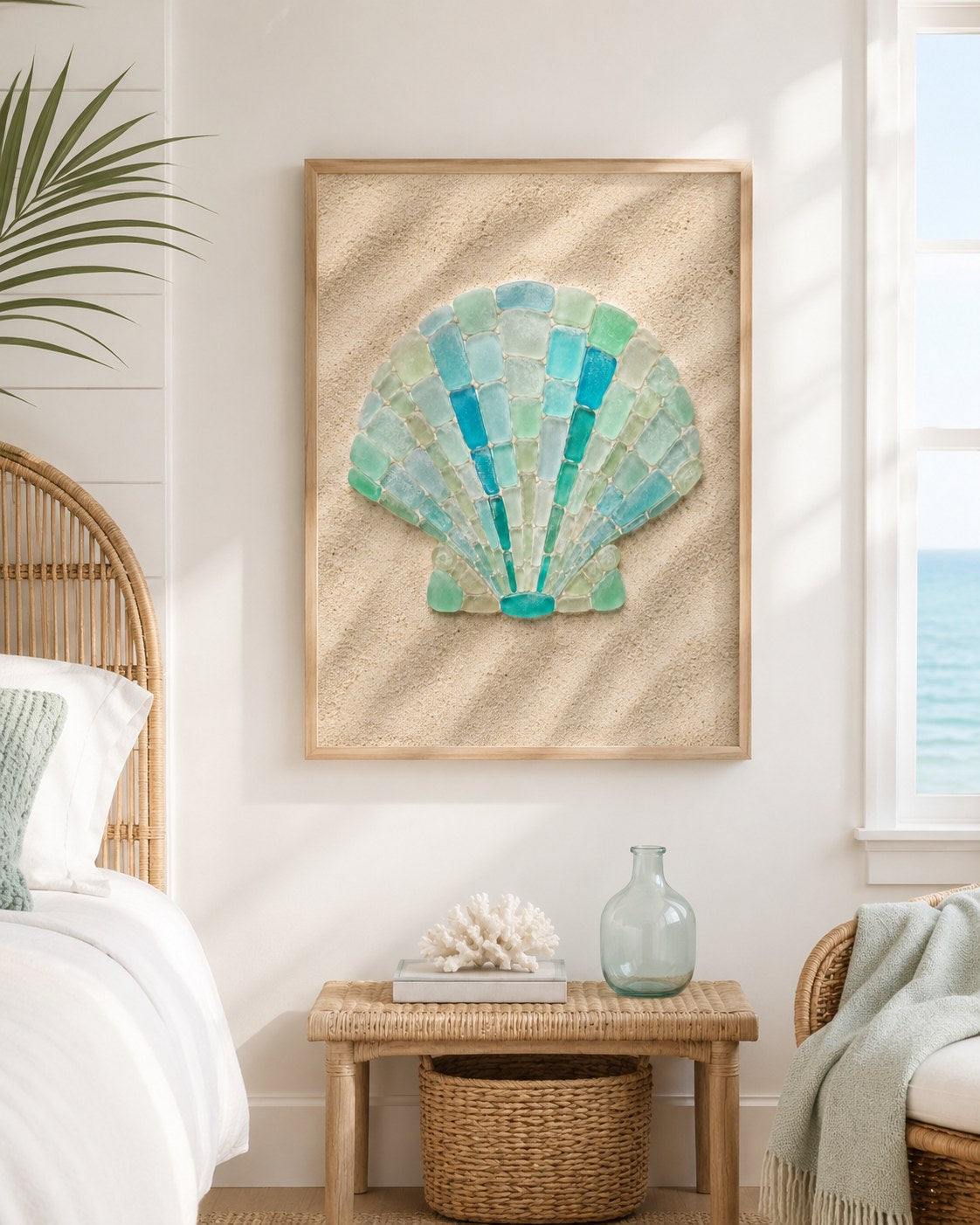 Sea glass scallop shell framed poster on a coastal wall, AI-generated mockup