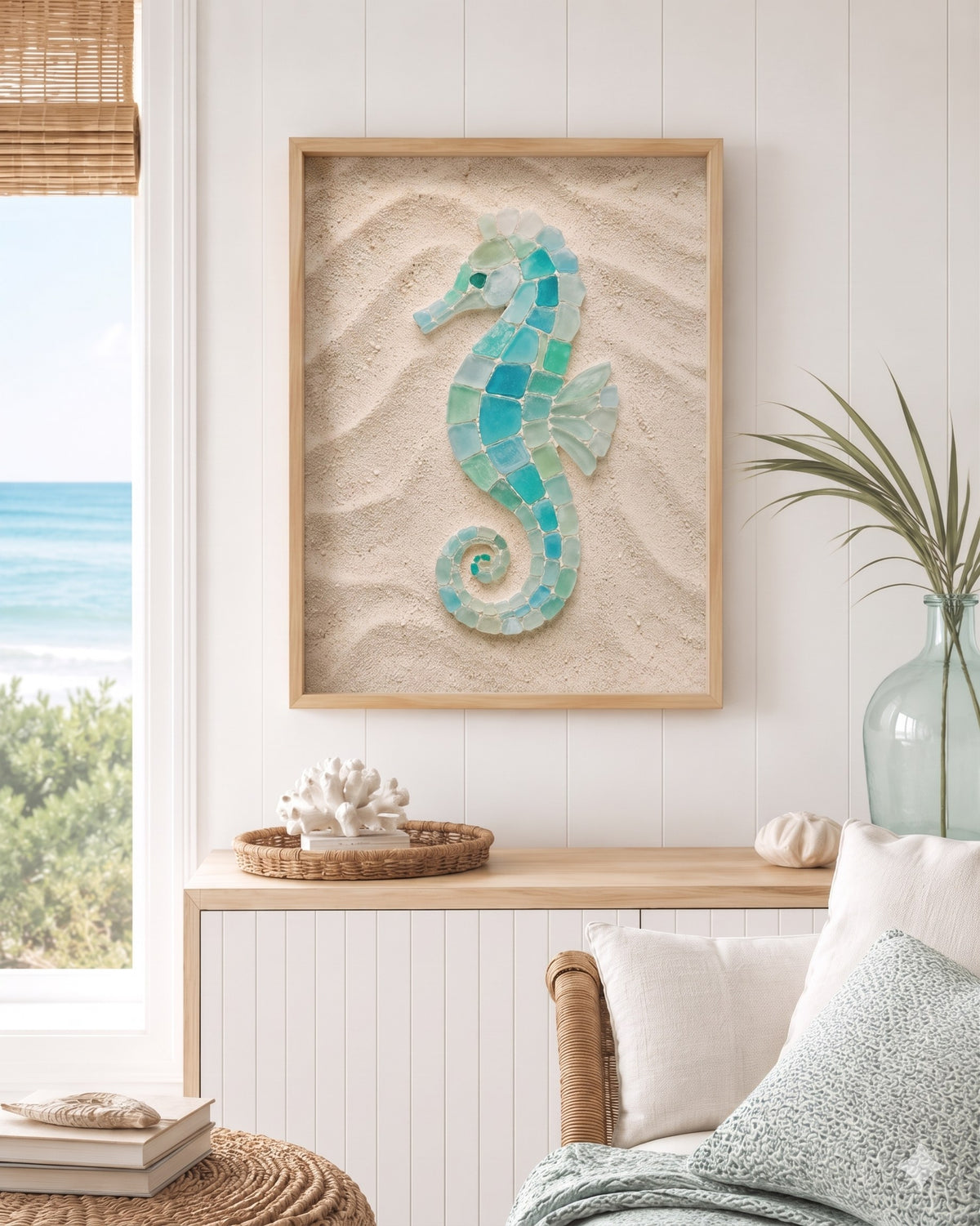 Sea glass seahorse framed print in a beach house, AI-generated mockup