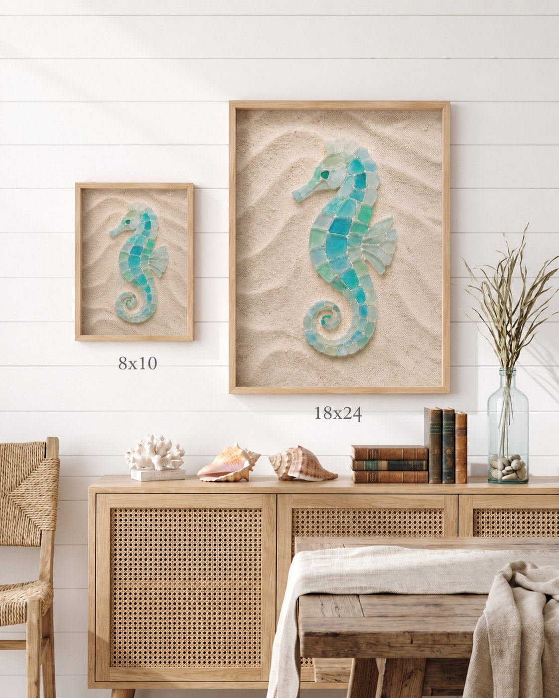 Sea glass seahorse 8x10 and 18x24 size comparison, AI-generated mockup