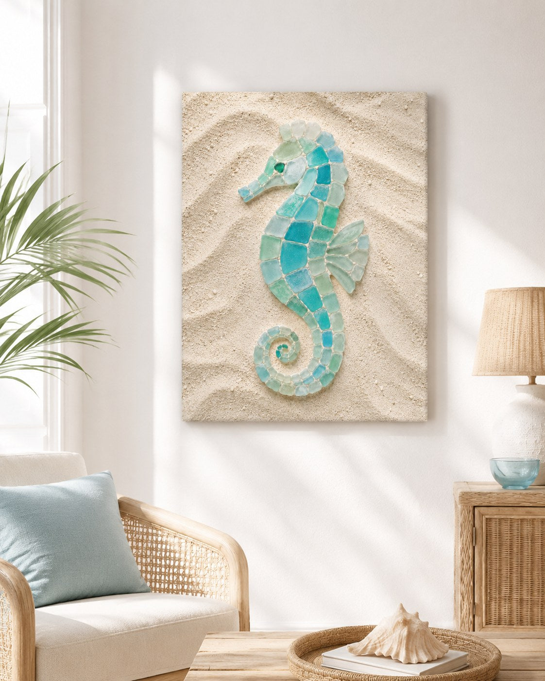 Sea glass seahorse stretched canvas, AI-generated mockup