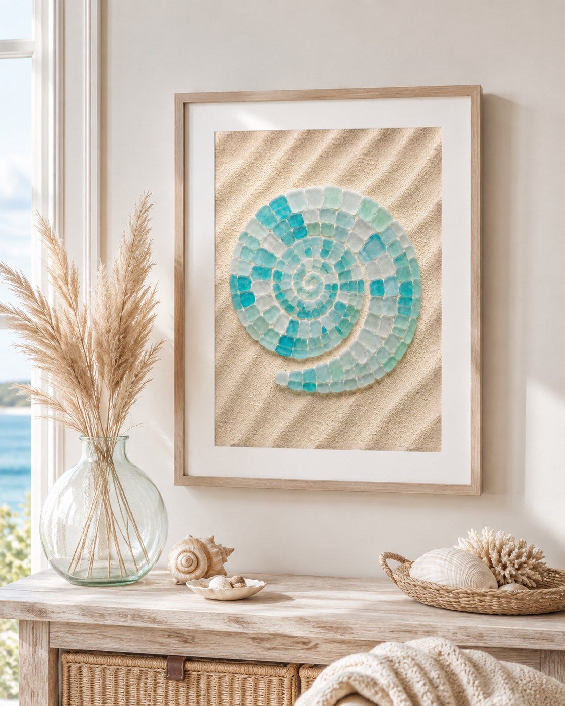 Sea glass spiral shell framed poster on a coastal wall, AI-generated mockup