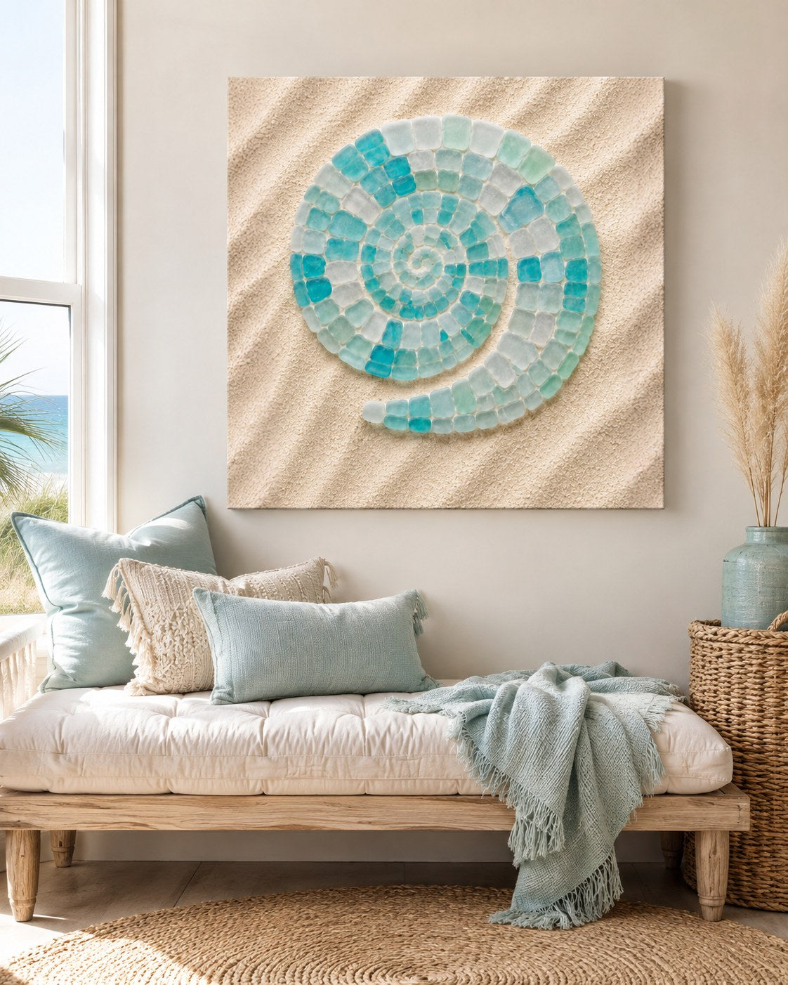 Sea glass spiral shell canvas in a coastal room, AI-generated mockup