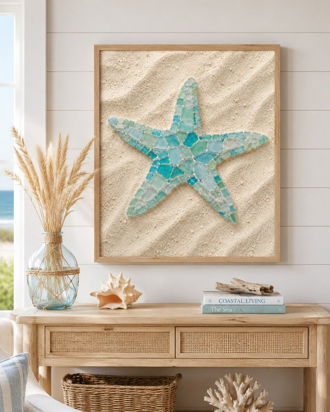 Sea glass starfish framed print above a console, AI-generated mockup